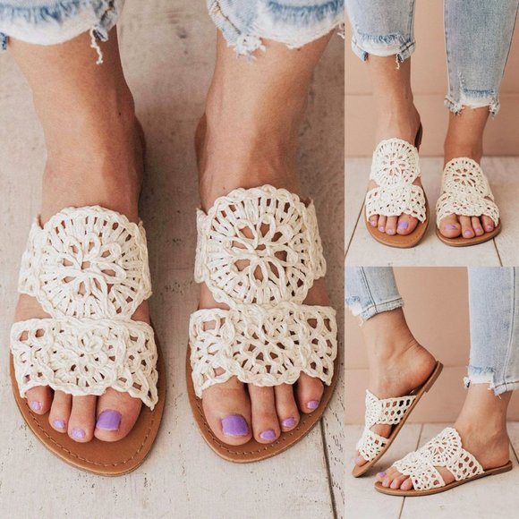 Qupid Shoes - NEW Off White Crochet Lace Raffia Straw Slip On Slides Slippers Sandals Shoes